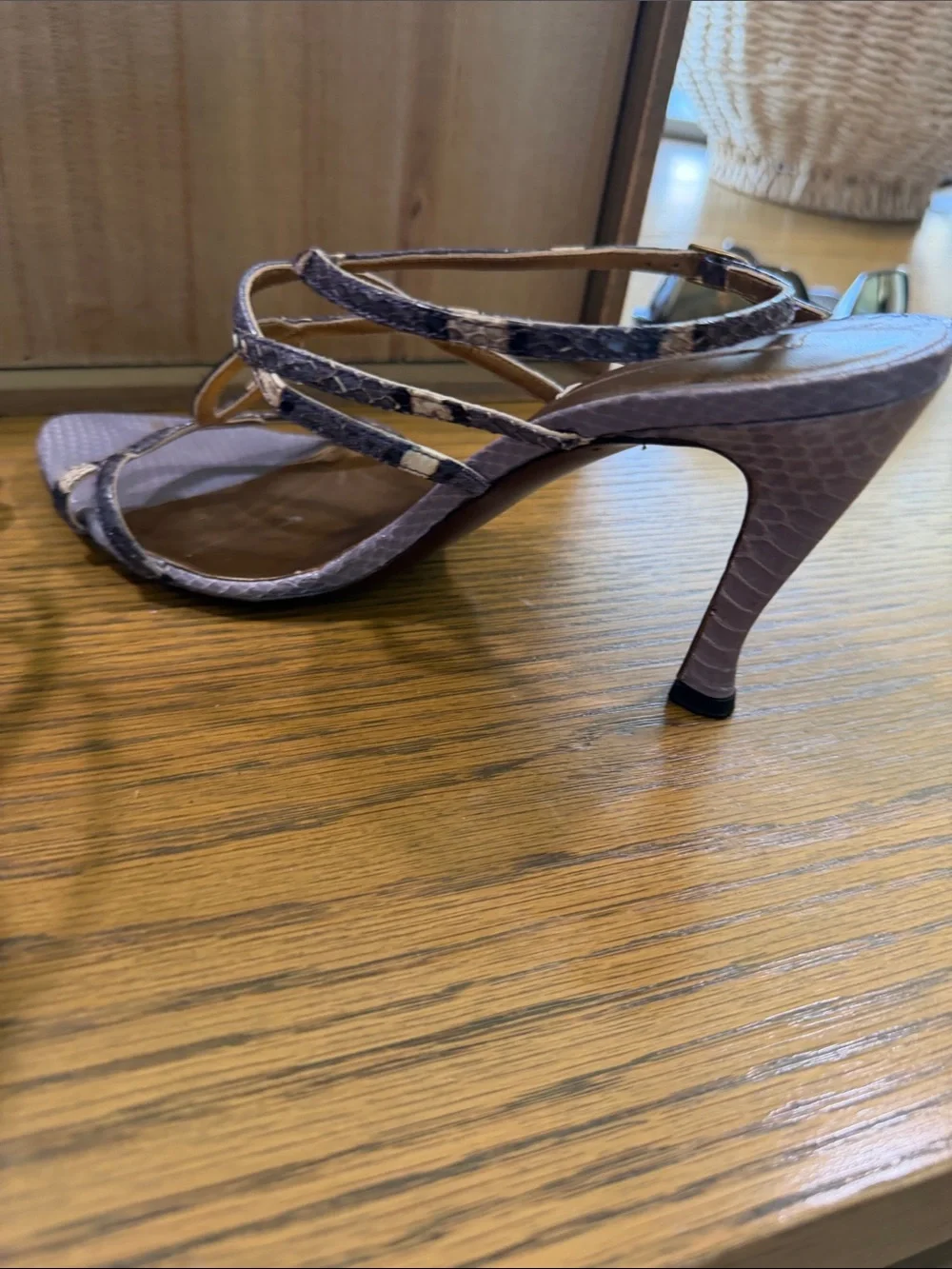 Bottega Veneta Lavender Snake-Effect Strappy Heels
